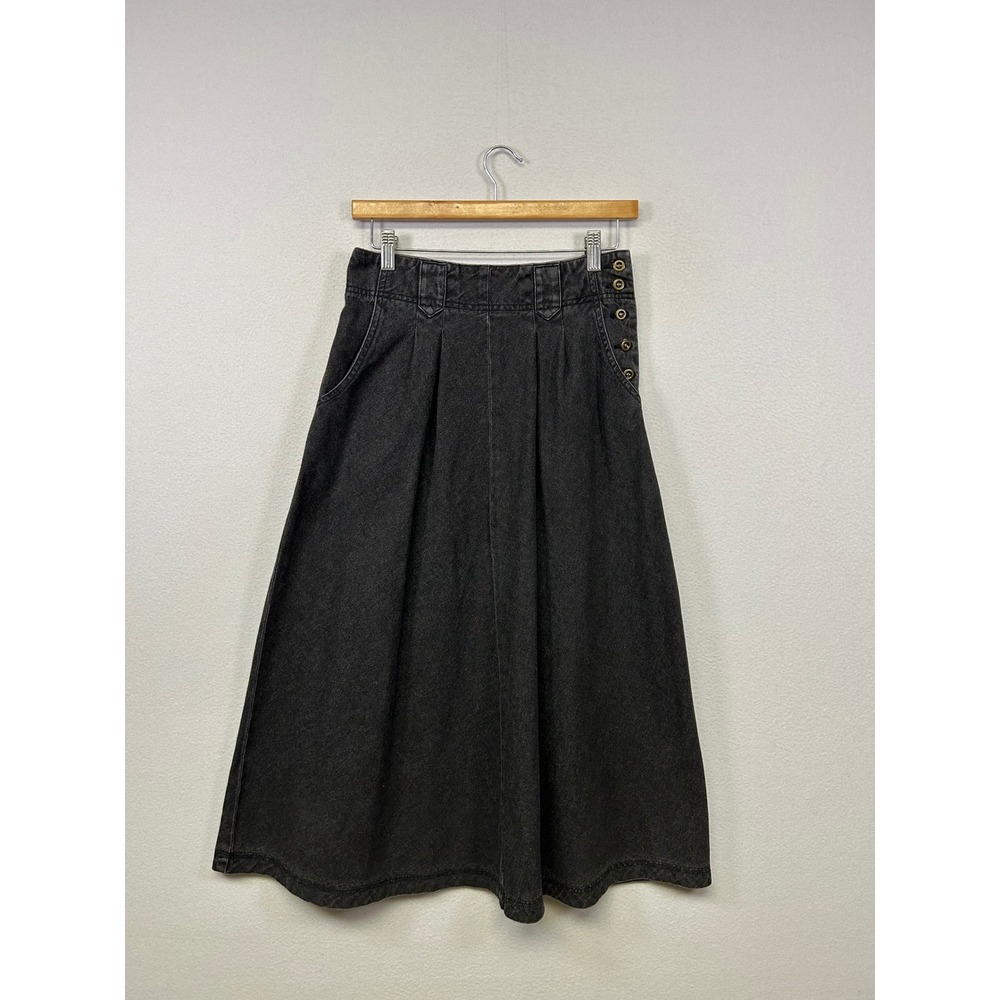 Vintage Dark Academia Eddie Bauer Womens 8 Petite Black Denim Side Button‎ Skirt